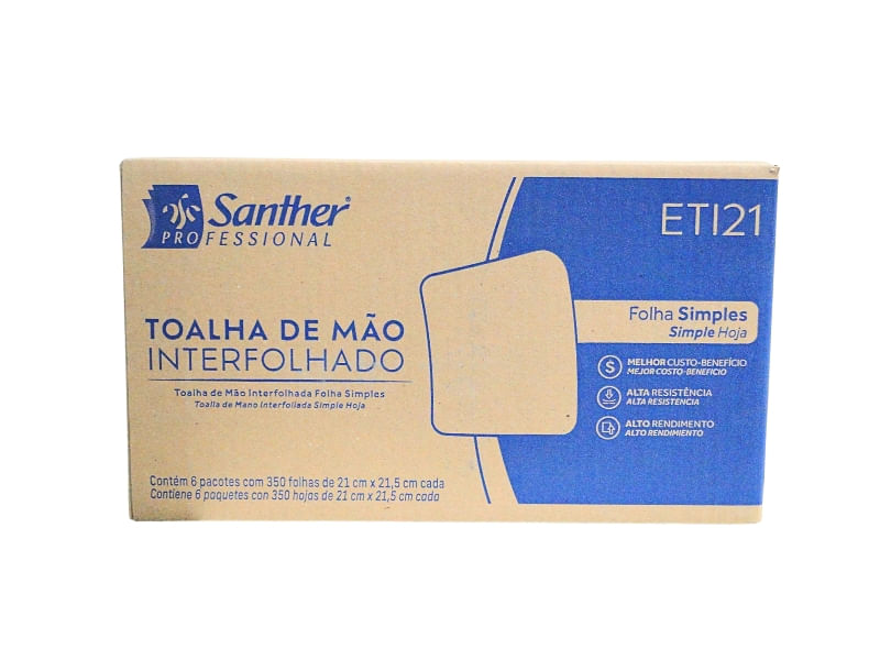 Papel Toalha Interfolhado 2 Dobras Folha Simples 21x21,5 ECO ETI21 com 2.100 Folhas Santher